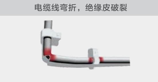 在安裝過程中，由于電線的彎曲半徑過小，或是線夾過緊，導(dǎo)致線纜絕緣皮破裂，產(chǎn)生電弧隱患